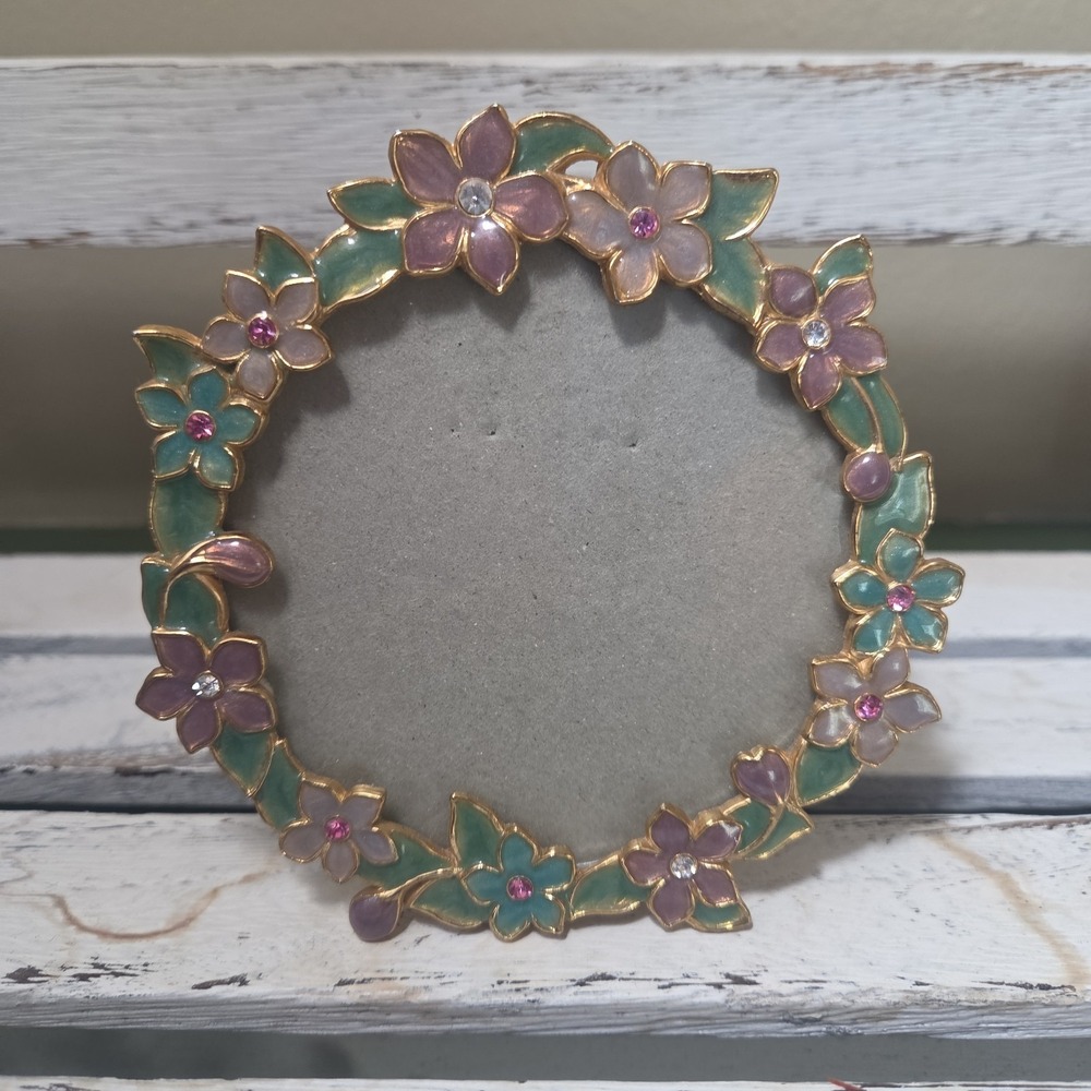 Vtg Carr Metal Purple Green Pink Enamel Jewels Floral Round Picture Frame